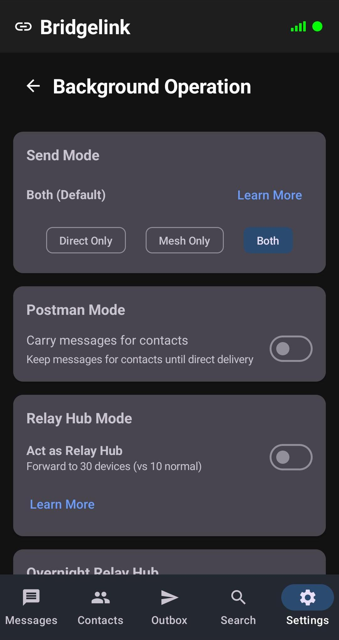 Send mode settings - dark mode
