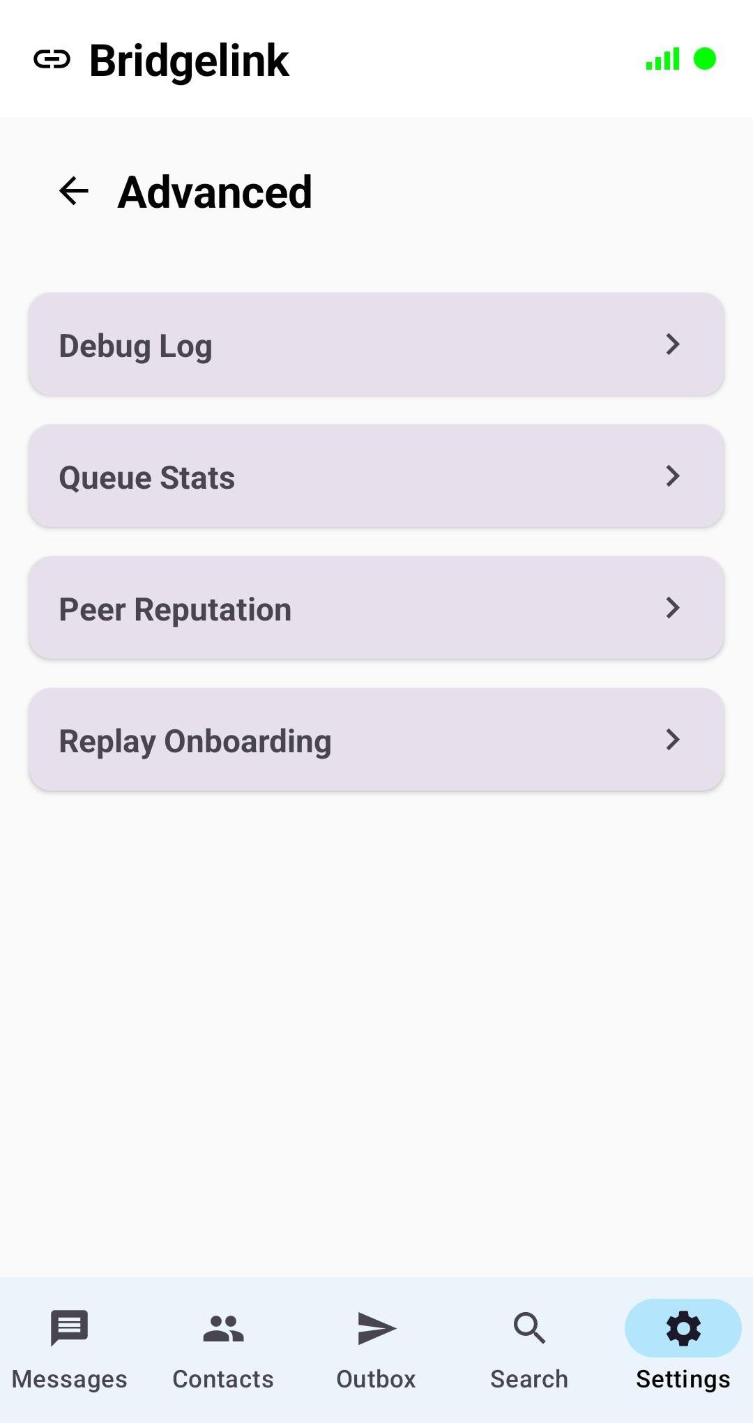 Advanced settings screen - light mode