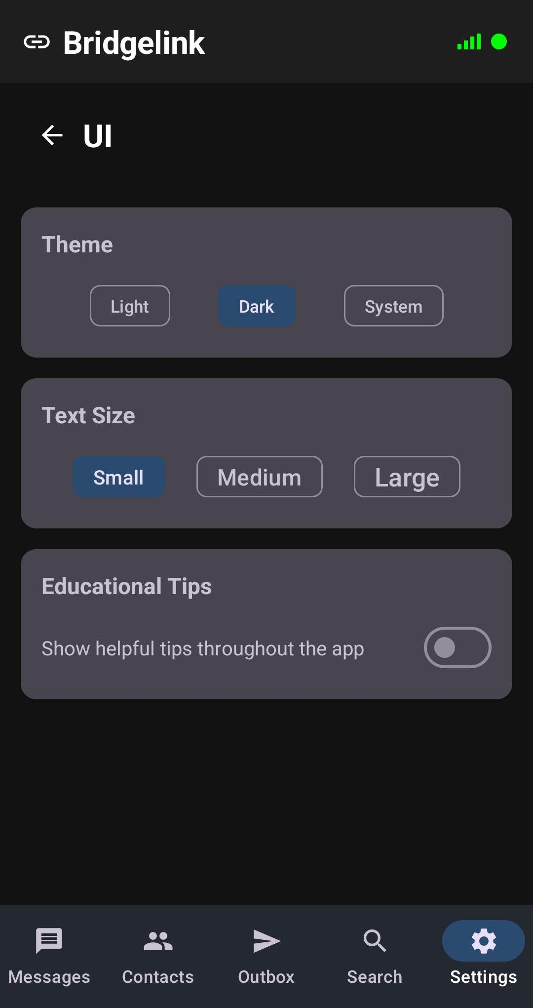 UI settings screen - dark mode